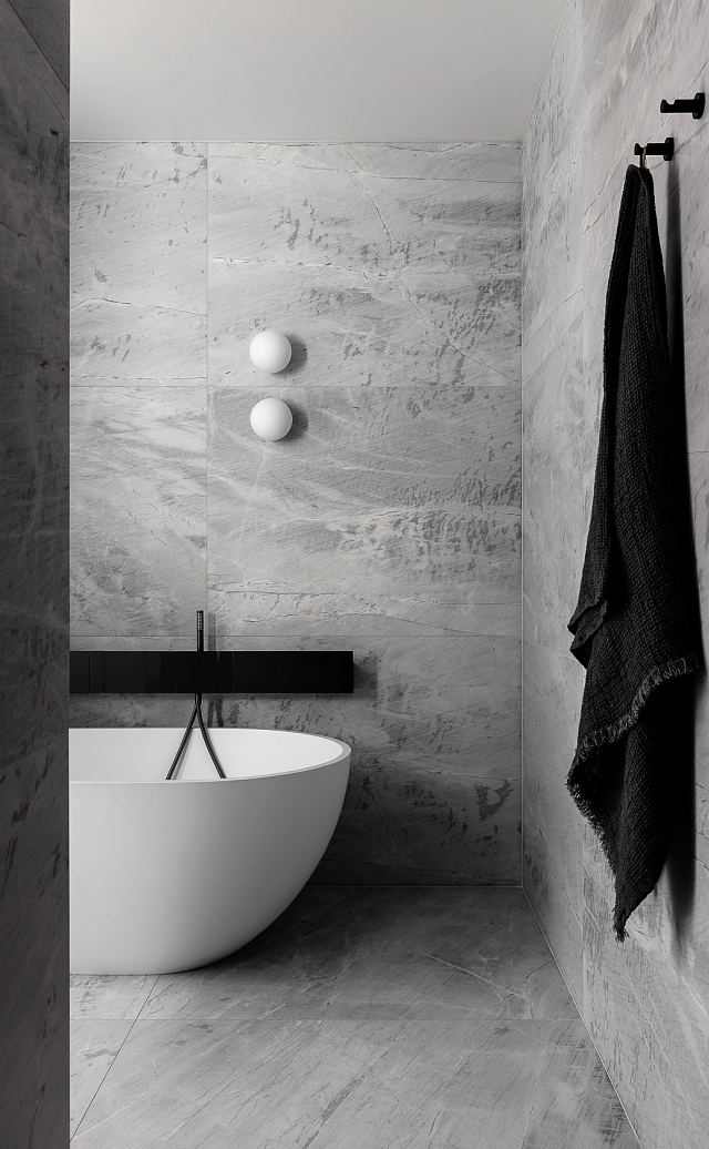 Elba Honed to bathroom floor and walls. Scalpellino House by Biasol