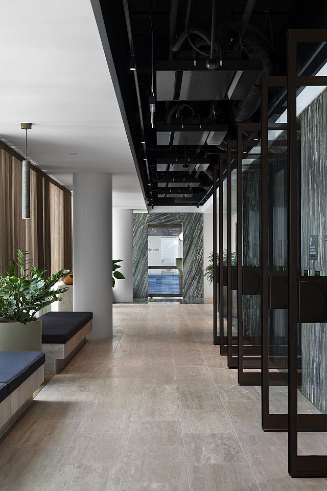 Travertine Roccia Raw flooring with Verde Bardini walls at DLA Piper, Brisbane. Designed by Outline Design Office. Photography by Mindi Cooke.jpg