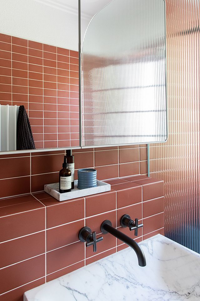 Bathroom with DIN in assorted colours, finishes and shapes. Design by Matt Vescovo and Ignacio Piston. Build by EVOL Bathrooms. Photography by Joanne Ly..jpg