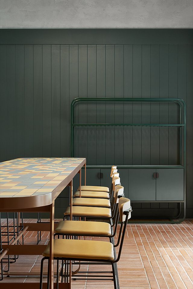 Antilia tiles installed to tables with Cotto Manetti terracotta floor at Sou'West Brewery by Ewert Leaf. Photographer Jenah Piwanski.jpg